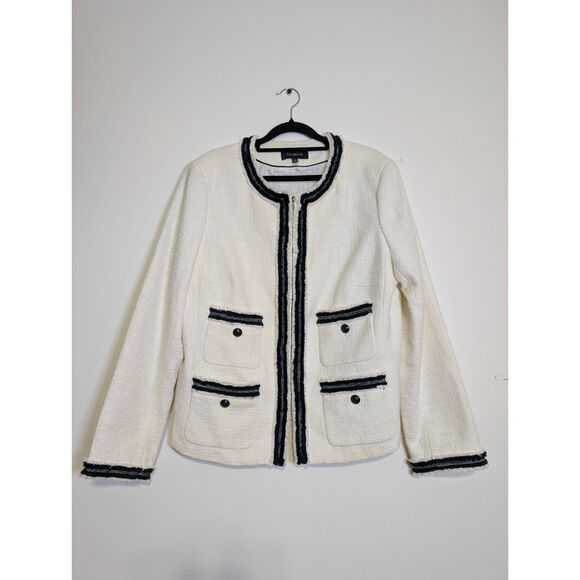 Talbots Piped Tweed Blazer 14 Cream Black Trim Quiet Luxury Old Money Academia - Picture 2 of 12